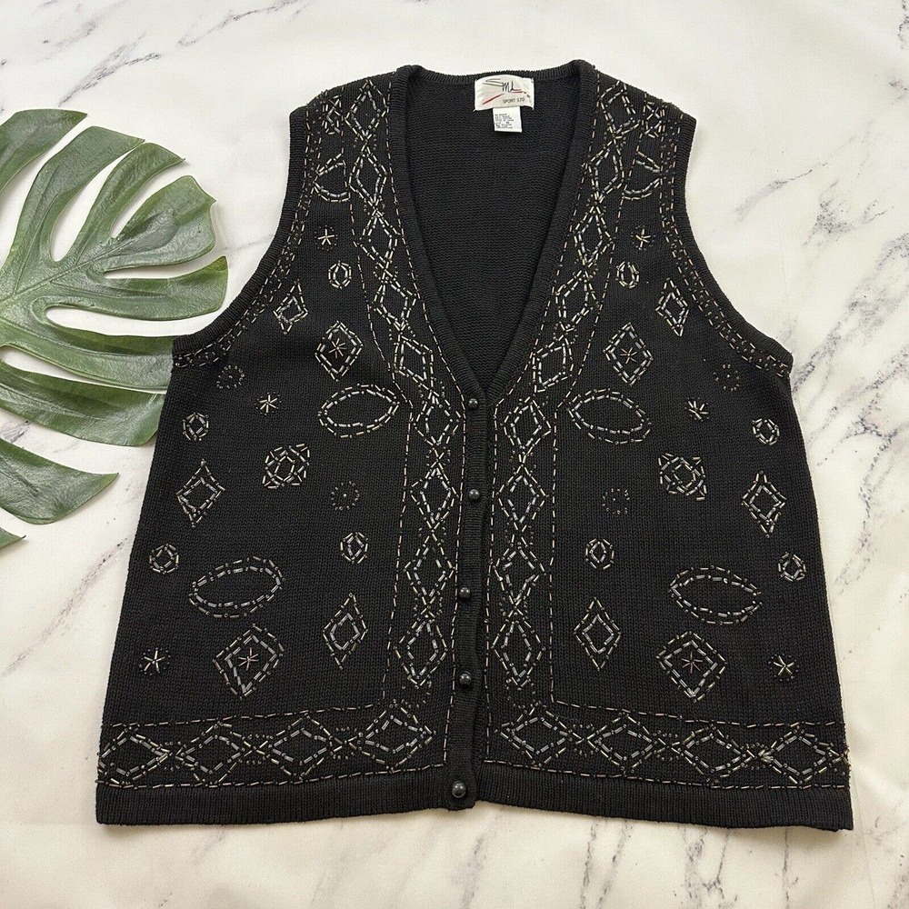 SML Sport Womens Vintage 90s Sweater Vest Size M Black Brown Floral Beaded Knit
